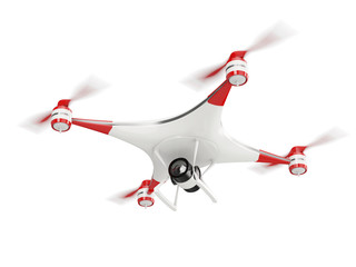 white quadcopter drone with HD camera in flight isolated on white background