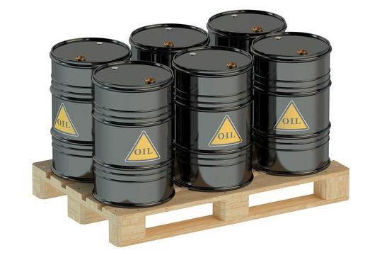 black oil barrels on pallet