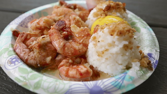 Scampi  Shrimp Truck Food. Traditional local Hawaiian cuisine from food trucks. Oahu, Hawaii, United States.