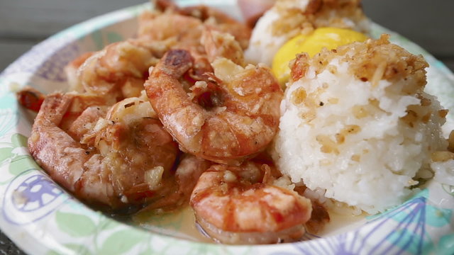 Scampi  Shrimp Truck Food. Traditional local Hawaiian cuisine from food trucks. Oahu, Hawaii, United States.