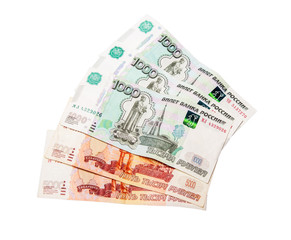 Russian banknotes one thousand and five thousand spread out like a fan
