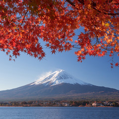 Mt. Fuji and autumn foliage at Lake Kawaguchi.