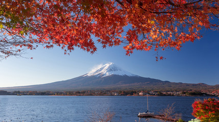 Mt. Fuji and autumn foliage at Lake Kawaguchi.