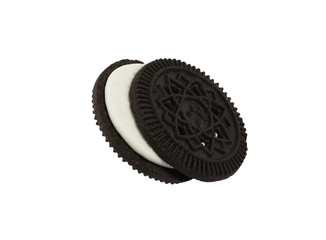 Close up isolated black cookies like oreo against hite background, computer ggenerated image in high definition