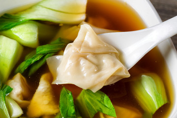 Chinese wanton soup with bok choy ready to eat