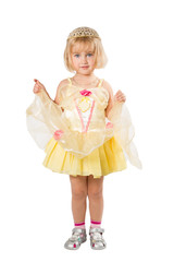  Little girl in a beautiful yellow dress and crown on white back