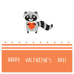 Vector card by Valentine's Day with cute cartoon raccoon in love and heart.