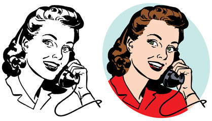 Woman talking on vintage telephone