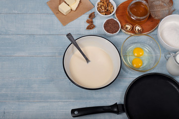 Ingredients for making the dough for pancakes