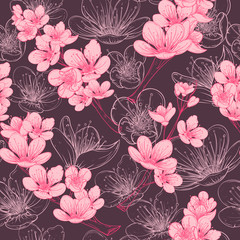 Fototapeta premium Seamless pattern with cherry tree blossom. Vintage hand drawn vector illustration in sketch style.