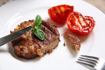 Roasted beef fillet on plate, on wooden background