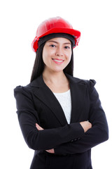 Asian young female wearing red hard hat. Isolated on white.