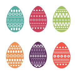 Vector flat set of colourful and ornate easter eggs. Fresh and spring design for greeting cards, textile, booklet, fabric, sticker. Dots, flowers, stripes, curves, ovals, triangles