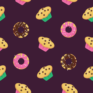 Vector seamless pattern with donuts glazed by chocolate and strawberry cream and muffins. Design for booklet, menu, wrapping, textile, fabric. Flat, cartoon style pastry set