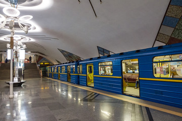 Subway train. Kiev, Ukraine. Station Teremki