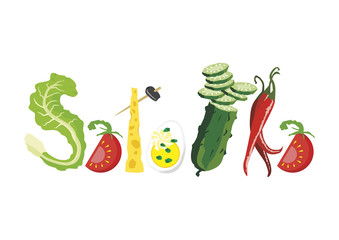 Graficzny napis : Sałatka. Litery utworzone z rysunków jedzenia