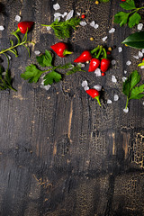 top down of red hot chili peppers, sea salt, greenery on cracks