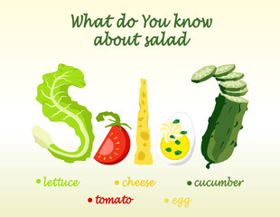 Graphic chart / representation. 
Graphic inscription : Salad. 
Letters formed with the drawings eating  - obrazy, fototapety, plakaty