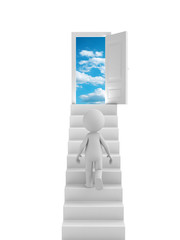 3d people with stairs and a magic door. 3d image. Isolated white background