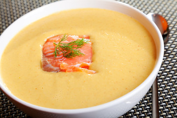 Avocado cream soup with smoked salmon