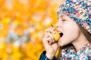 Pear Woman. Girl Eating Pear © bubutu