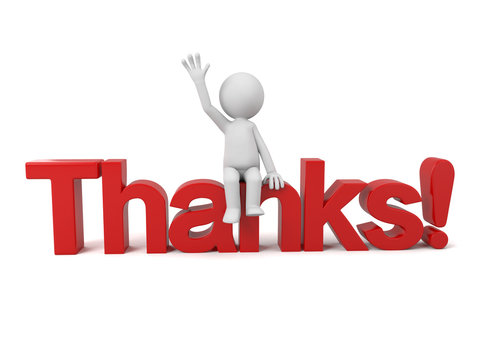 3d people sitting on a text of thanks. 3d image. Isolated white background.