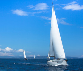 Fototapeta na wymiar Sailing ships yachts with white sails in the open sea. Sailing yacht race. ..