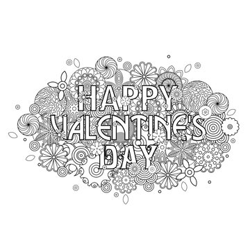 Happy Valentine's day design. Cloud shape pattern with sign. Floral imitation of retro doodle hand drawing with pen for coloring book for adults. 