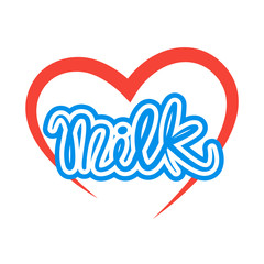 Blue milk text and red heart logo / icon concept. Vector design.