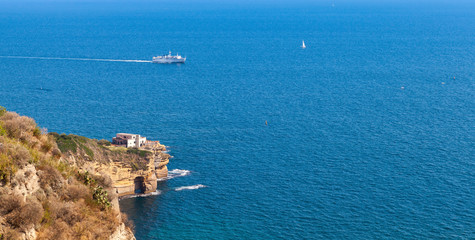 Fototapeta na wymiar Gulf of Naples. Panoramic seascape with ferry