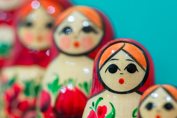 Hand-crafted Matryoshka dolls, also known as Russian nesting dolls, made in the Czech Republic.