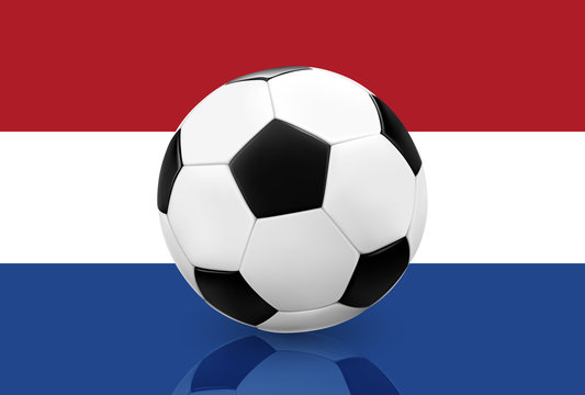 Realistic soccer ball / football on Netherlands flag background. Vector illustration.