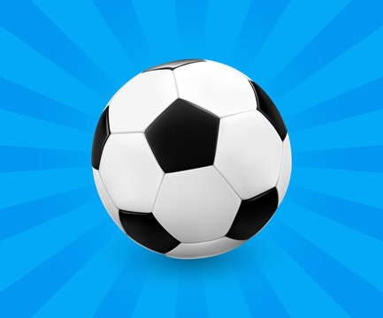 Soccer ball / football on blue background with light rays. Vector illustration.