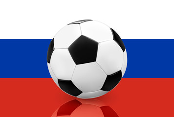 Realistic soccer ball / football on Russian flag background. Vector illustration.