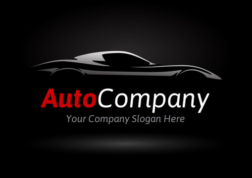 Modern Auto Company Vehicle Logo Design Concept with Sports Car Silhouette on black background. Vector illustration.