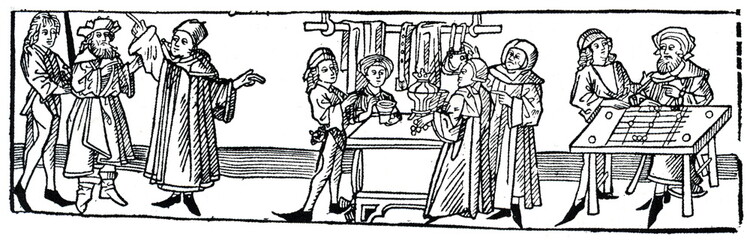 Daily routine of medieval merchant (medieval woodcut)