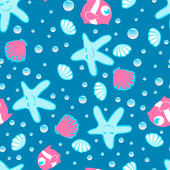 Fototapeta na wymiar Little sea creatures swimming under the sea seamless pattern