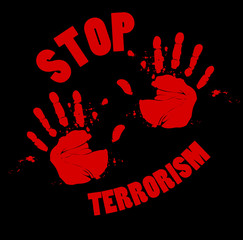 Blood hand print stop terrorism sign