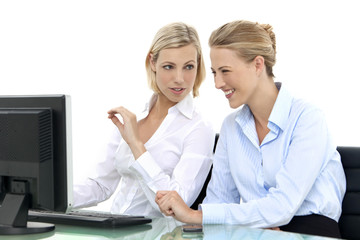 Business Colleagues - Two attractive female colleagues working together at workplace