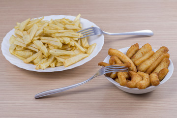 Breaded Calamari with potatoes.