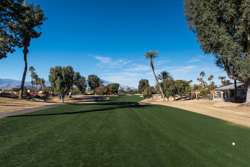 Golf fairway is green surrounded by brown rough