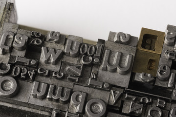 Metal Letterpress Types
A background from many historic typographical letters in black and white with white background. - obrazy, fototapety, plakaty