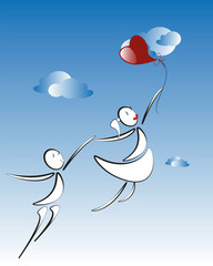lover boy and girl with red heart balloon