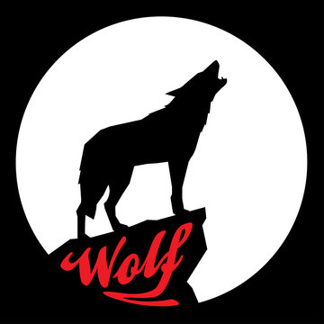 Full Moon with Howling Wolf Silhouette. Vector illustration.