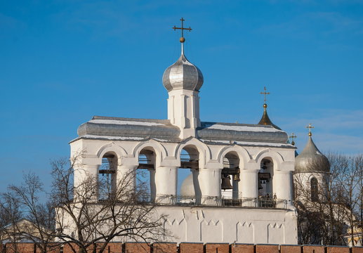 The bell tower of St. Sophia Cathedral in the Kremlin in Veliky Novgorod