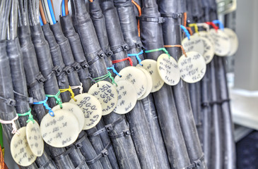 Electrical control cables with caption fields in modern electrical control cubicle closeup
