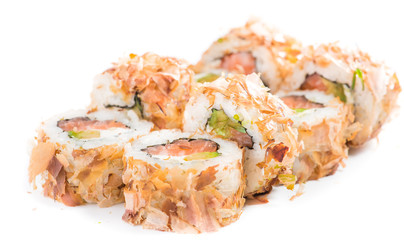 close-up of traditional fresh japanese seafood sushi rolls on a
