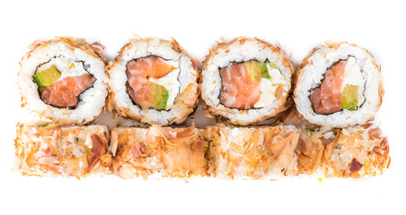 close-up of traditional fresh japanese seafood sushi rolls on a