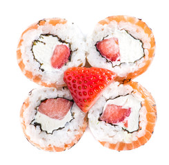 close-up of traditional fresh japanese seafood sushi rolls on a