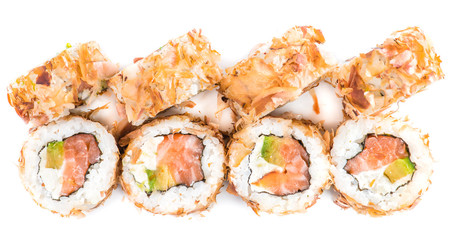 close-up of traditional fresh japanese seafood sushi rolls on a